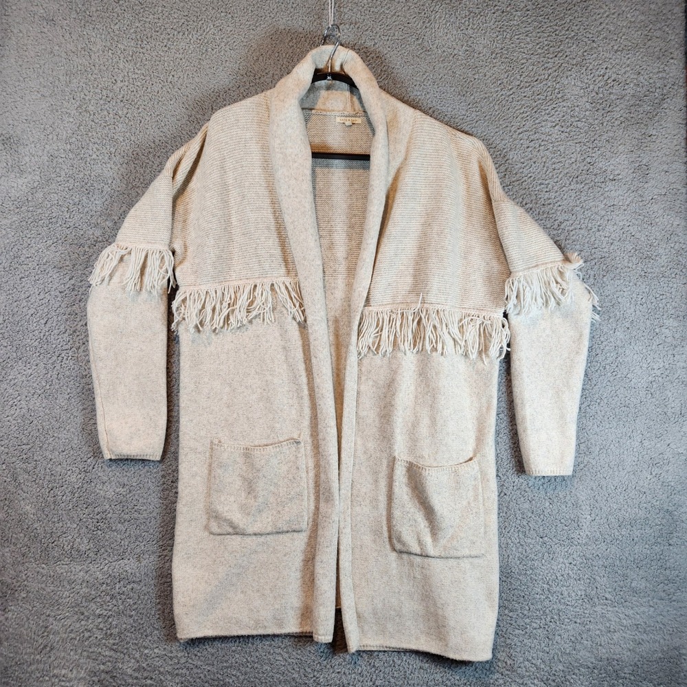 Kate & Sam Cardigan Open Front Sweater Womens Large Beige Fringe Pockets‎ Long